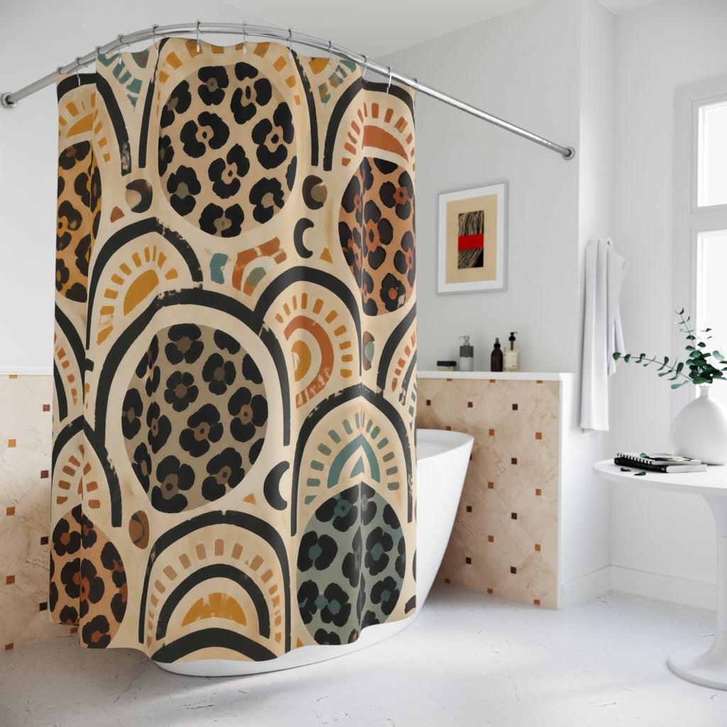 Cheetah print inside terracotta and teal boho arches shower curtain beside a freestanding tub