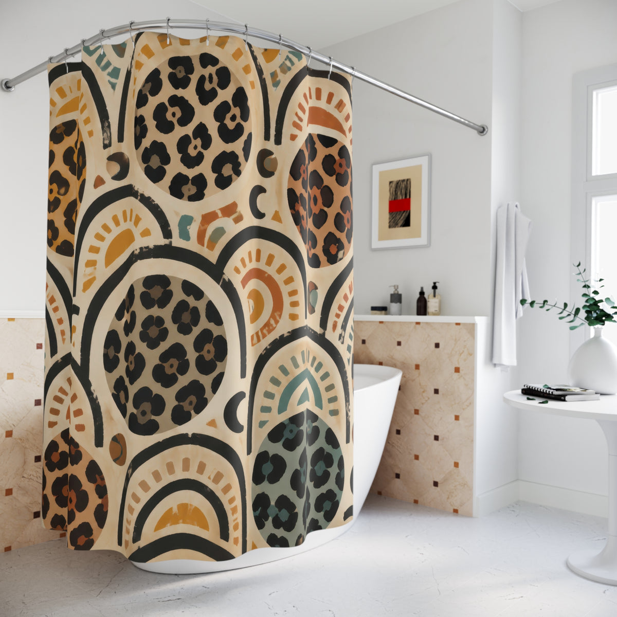 Cheetah print inside terracotta and teal boho arches shower curtain beside a freestanding tub