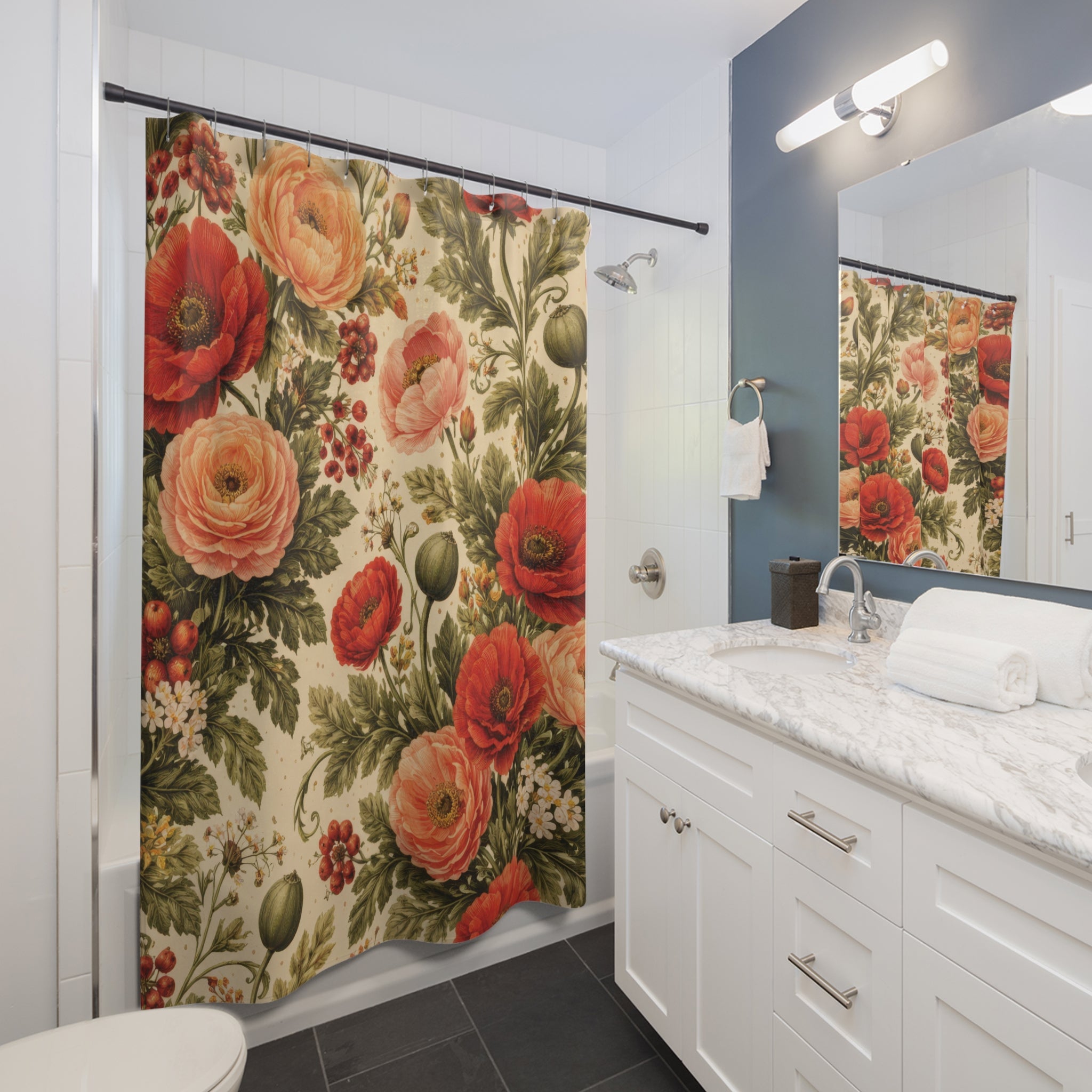 Red Floral Shower Curtain – Poppy & Coral Garden