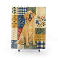 Smiling yellow Labrador over folk floral color blocks shower curtain with full front view