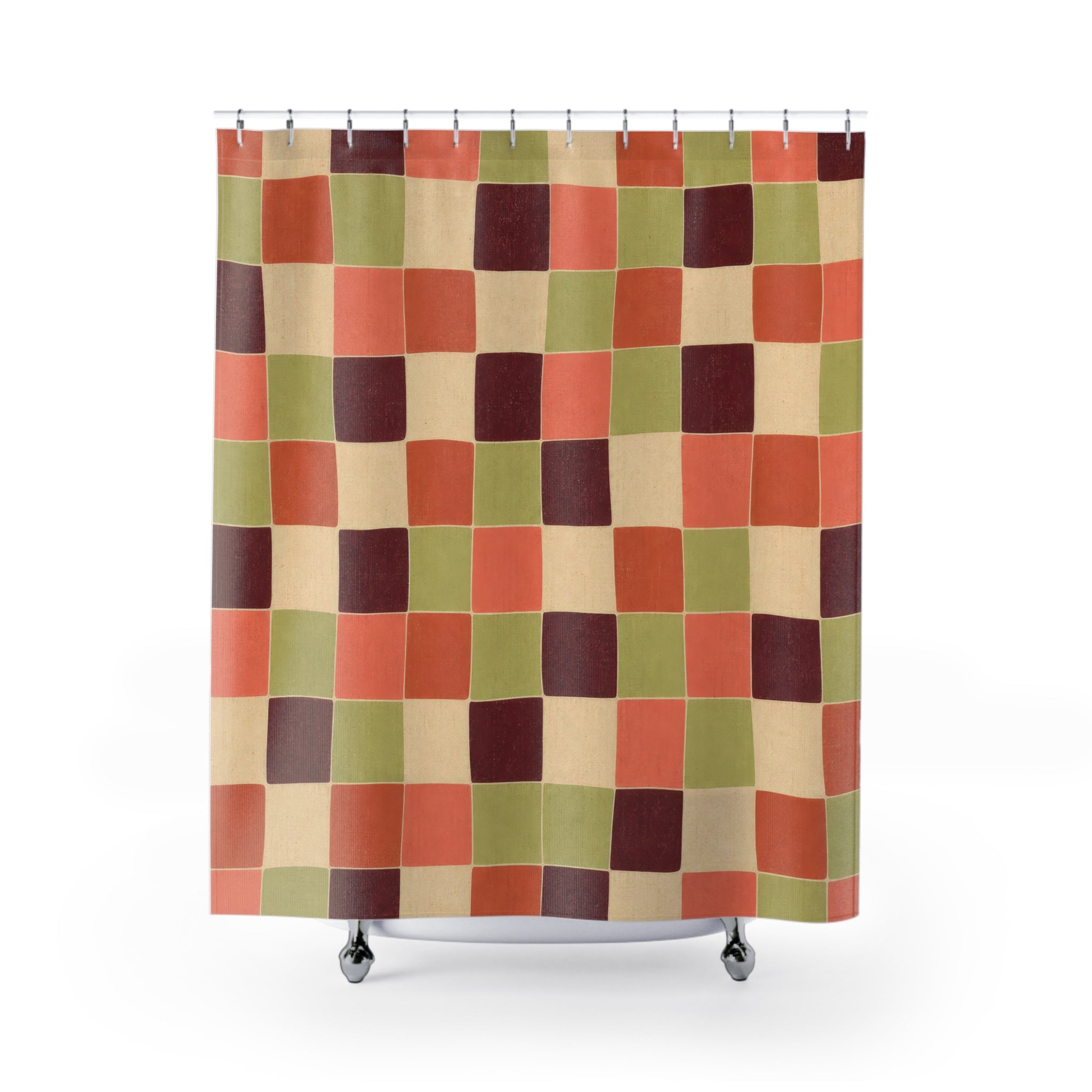 Retro Red Green Color Block Checkerboard Shower Curtain