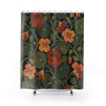 Rust nasturtiums and olive leaves on navy shower curtain with full front view