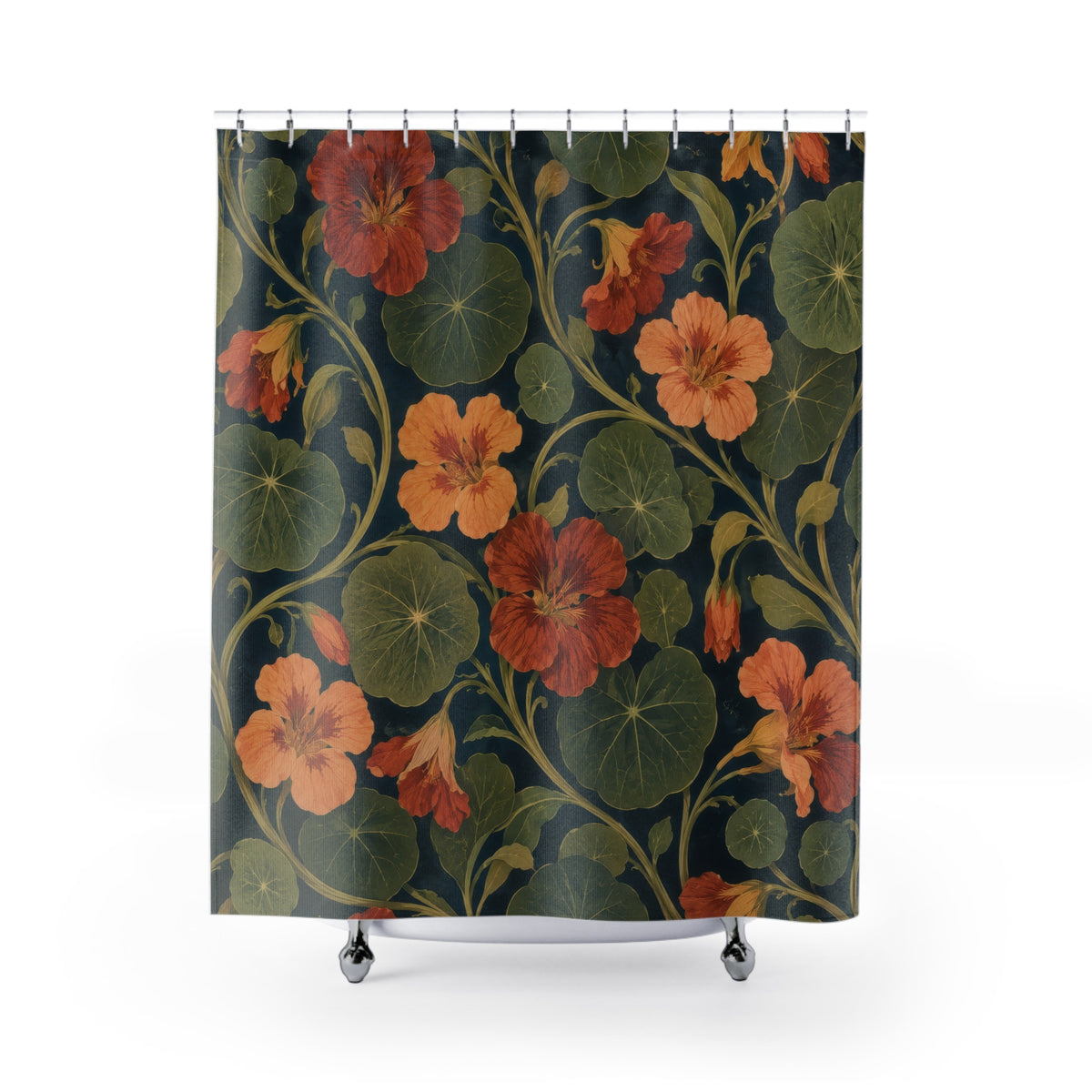 Rust nasturtiums and olive leaves on navy shower curtain with full front view