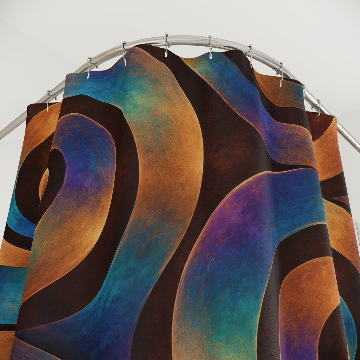 Iridescent copper-tone and teal spirals on espresso brown shower curtain with close-up print, hooks, and folds