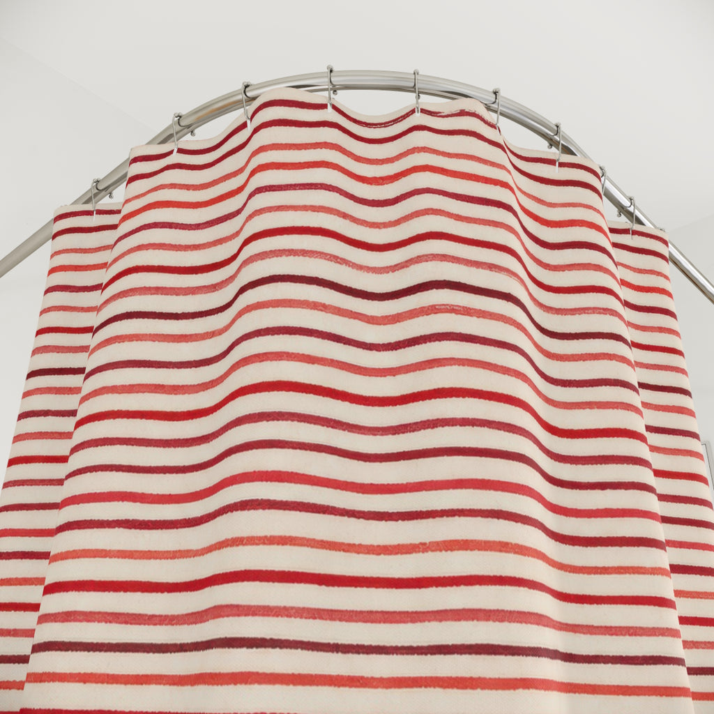 Fine Red Horizontal Stripe Shower Curtain, Red Ivory Classic Bathroom Decor, Modern Stripe Bath Curtain, Guest Bath Decor, Home Decor