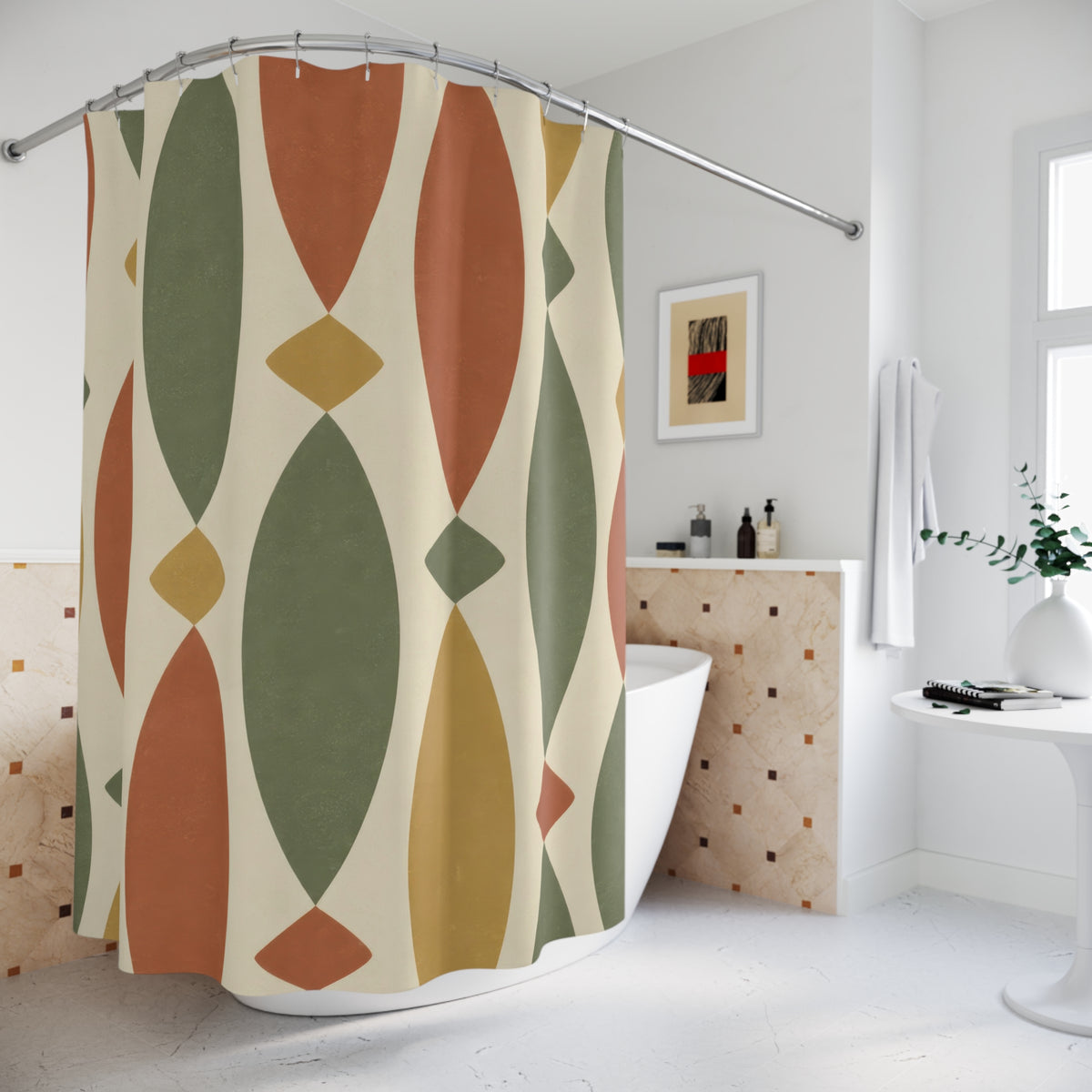 Sage and terracotta spindles with ochre diamonds on cream shower curtain beside a freestanding tub