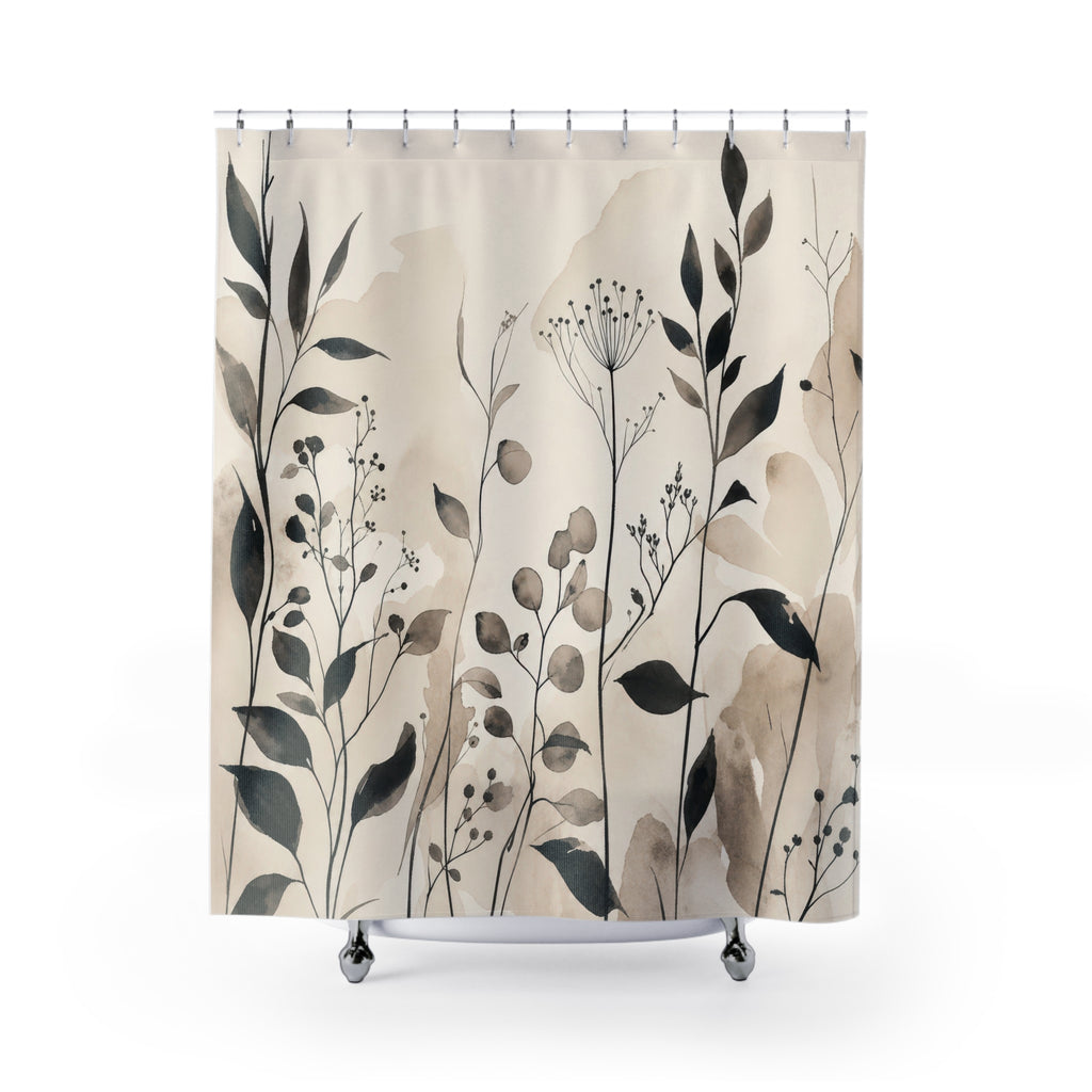 Black Beige Leaf Wildflower Shower Curtain