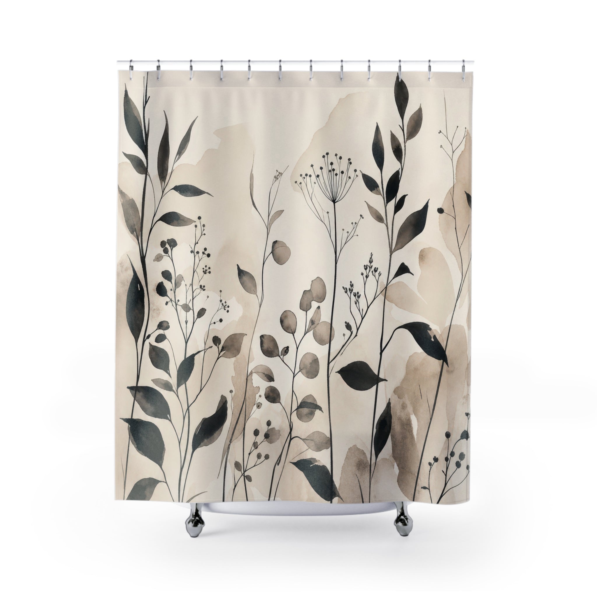 Black Beige Leaf Wildflower Shower Curtain