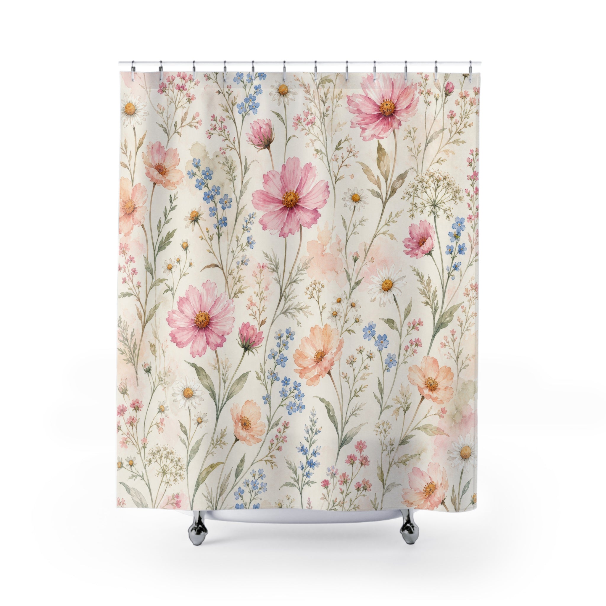 Cosmos Blue Wildflower Watercolor Shower Curtain