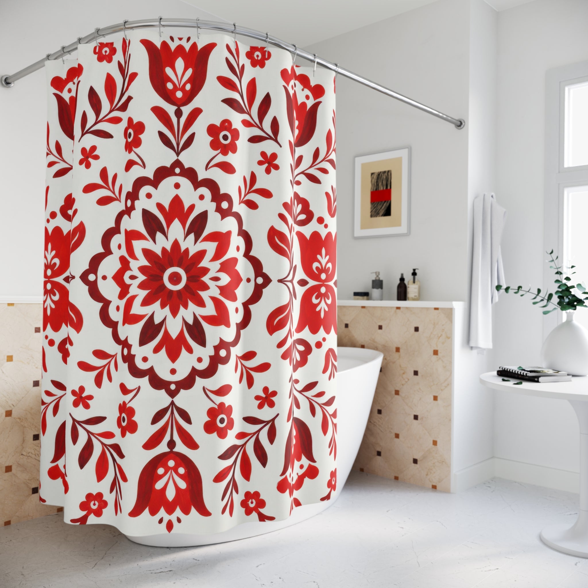 Red White Folk Floral Shower Curtain