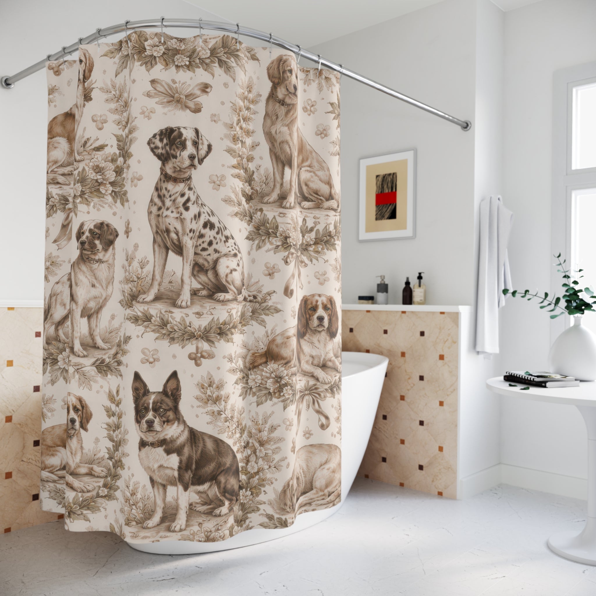 Dog Portrait Toile Shower Curtain – Beige Vintage