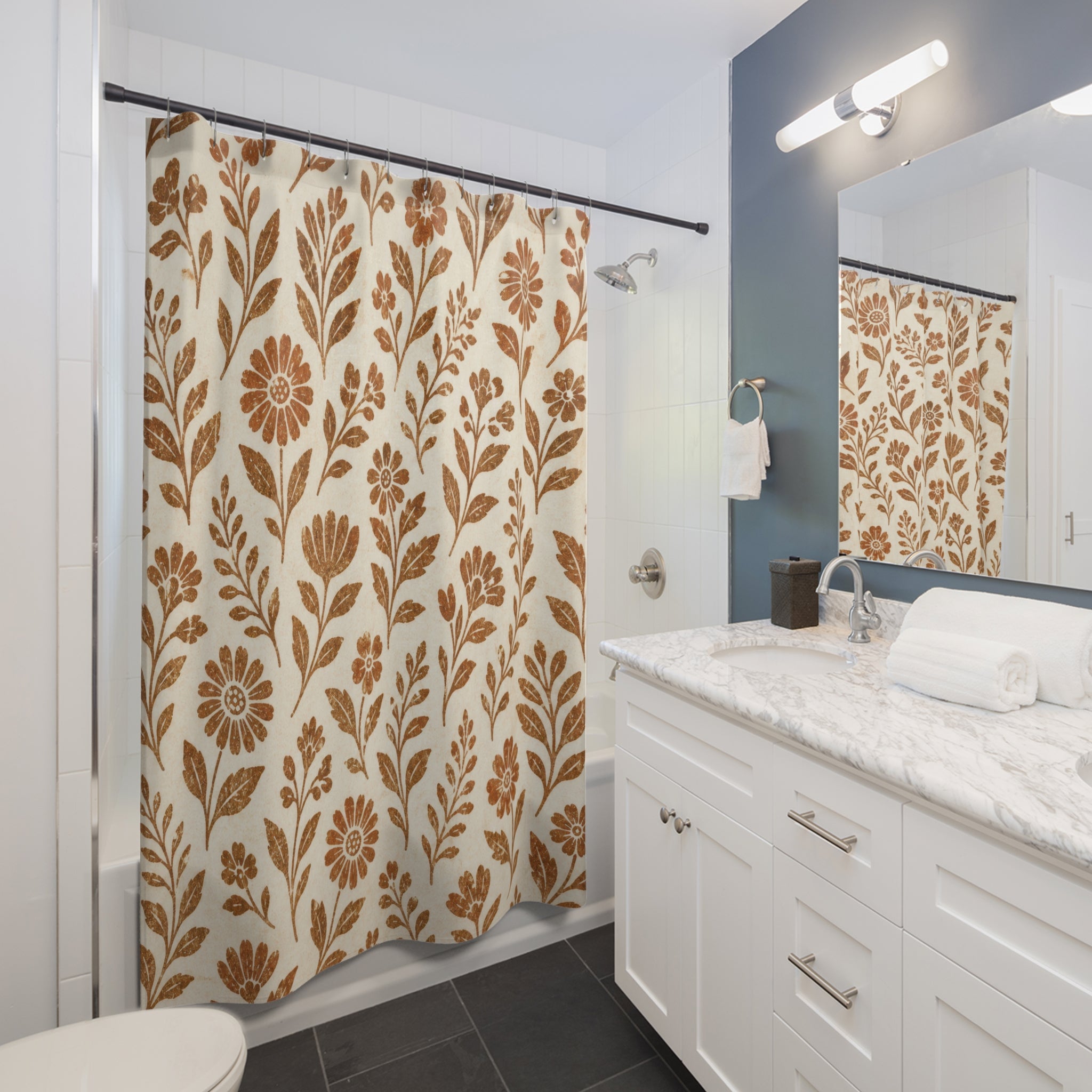 Ochre Brown Botanical Flower Shower Curtain