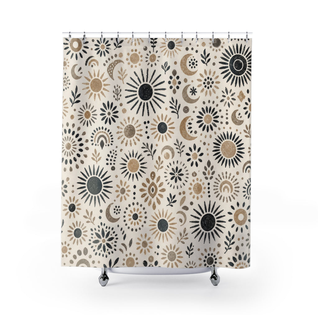 Black Beige Sun Moon Star Shower Curtain