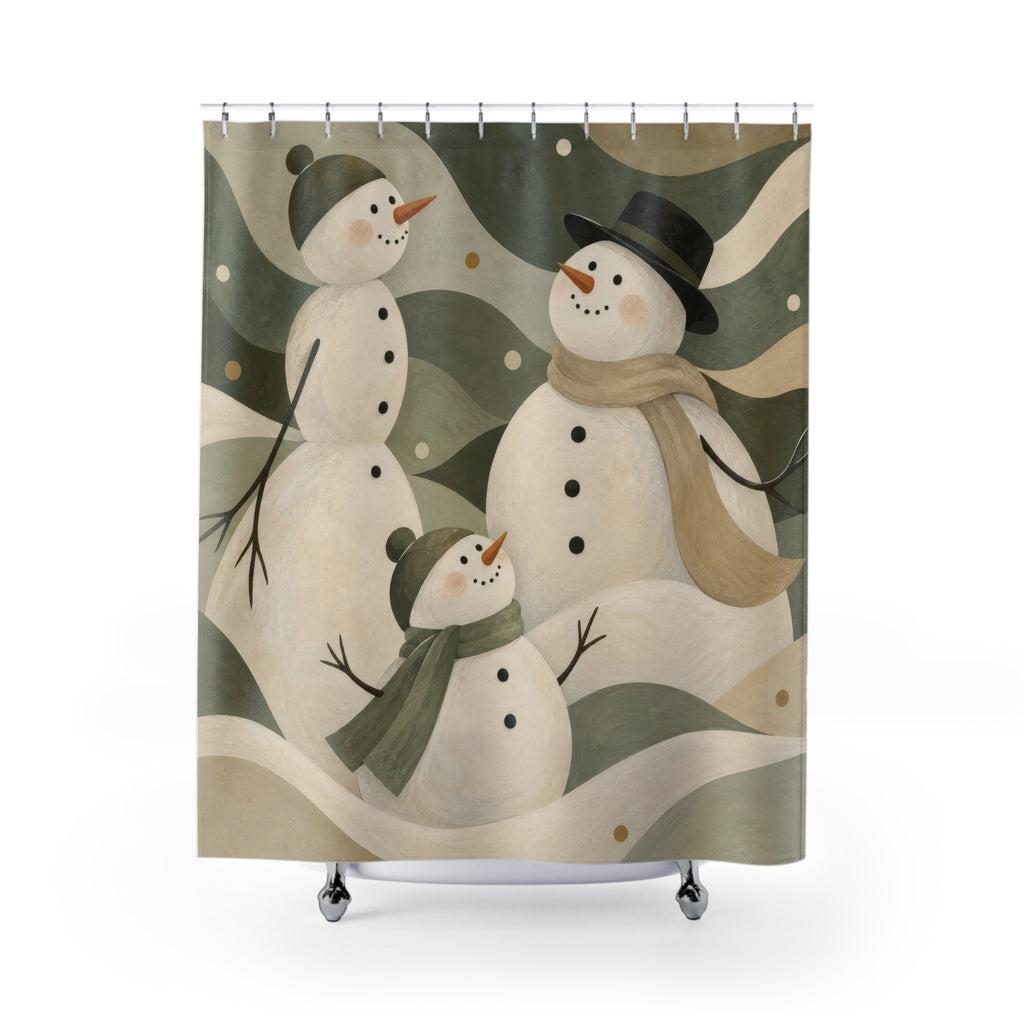 Ivory snowmen among sage, olive and beige snowdrifts shower curtain with full front view