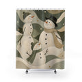 Ivory snowmen among sage, olive and beige snowdrifts shower curtain with full front view