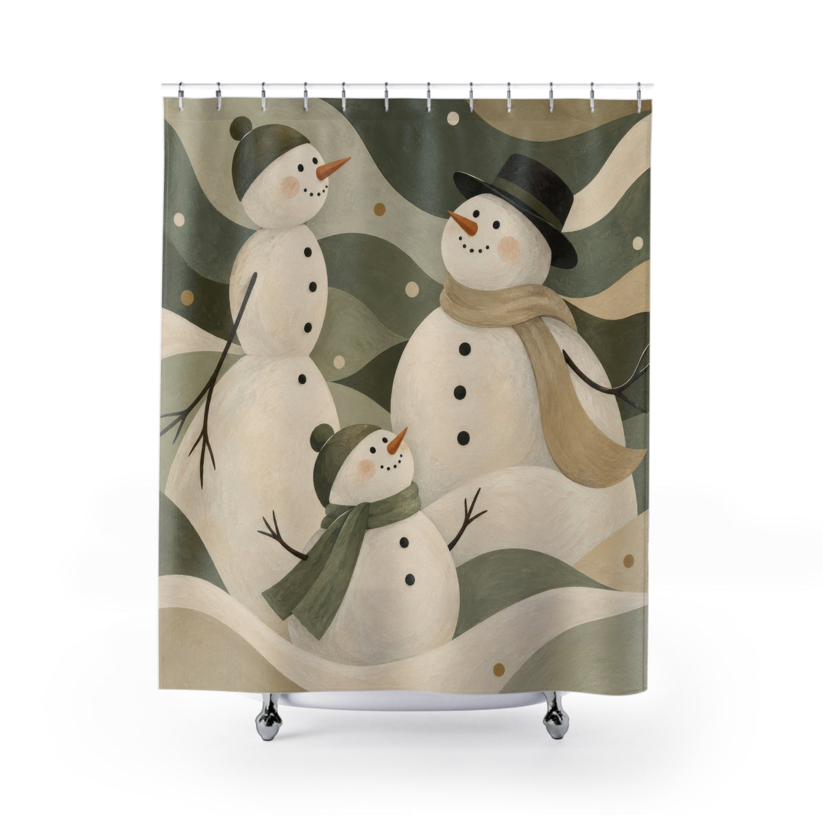 Ivory snowmen among sage, olive and beige snowdrifts shower curtain with full front view