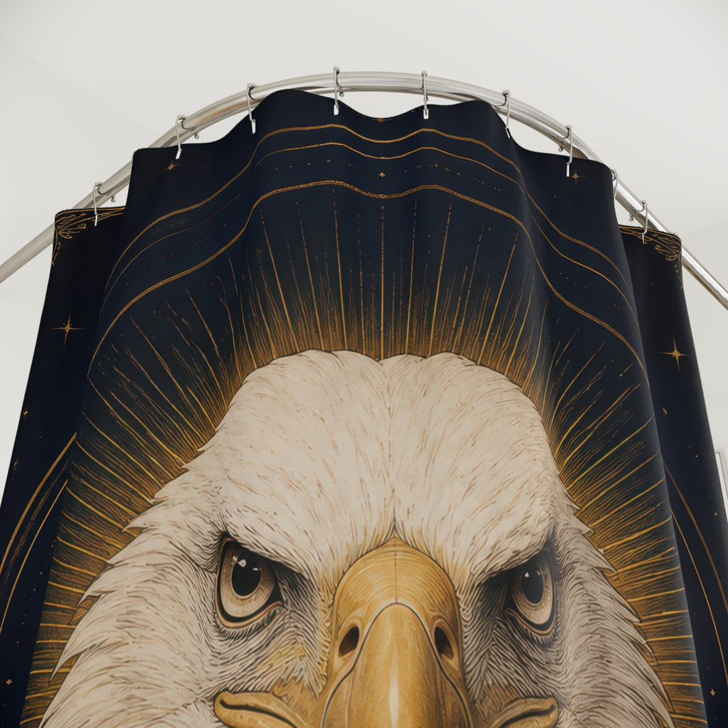 Regal bald eagle portrait on navy and gold shower curtain with close-up print, hooks, and folds