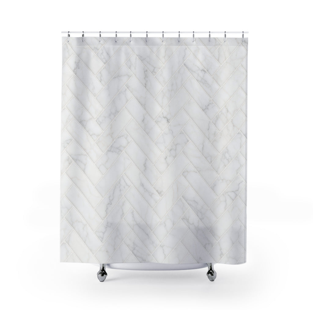 White Marble Herringbone Shower Curtain