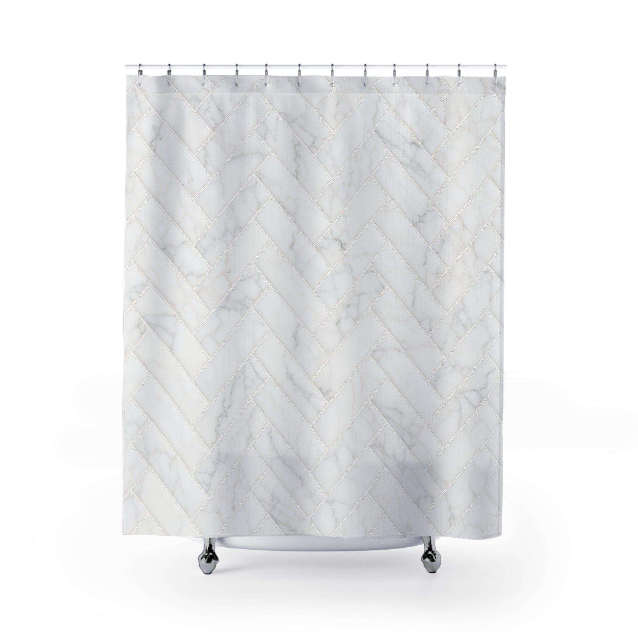 White Marble Herringbone Shower Curtain
