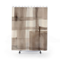 Oversized taupe watercolor windowpane check pattern shower curtain with full front view