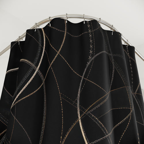 Abstract Gold Line Art black shower curtain with close-up print, hooks, and folds