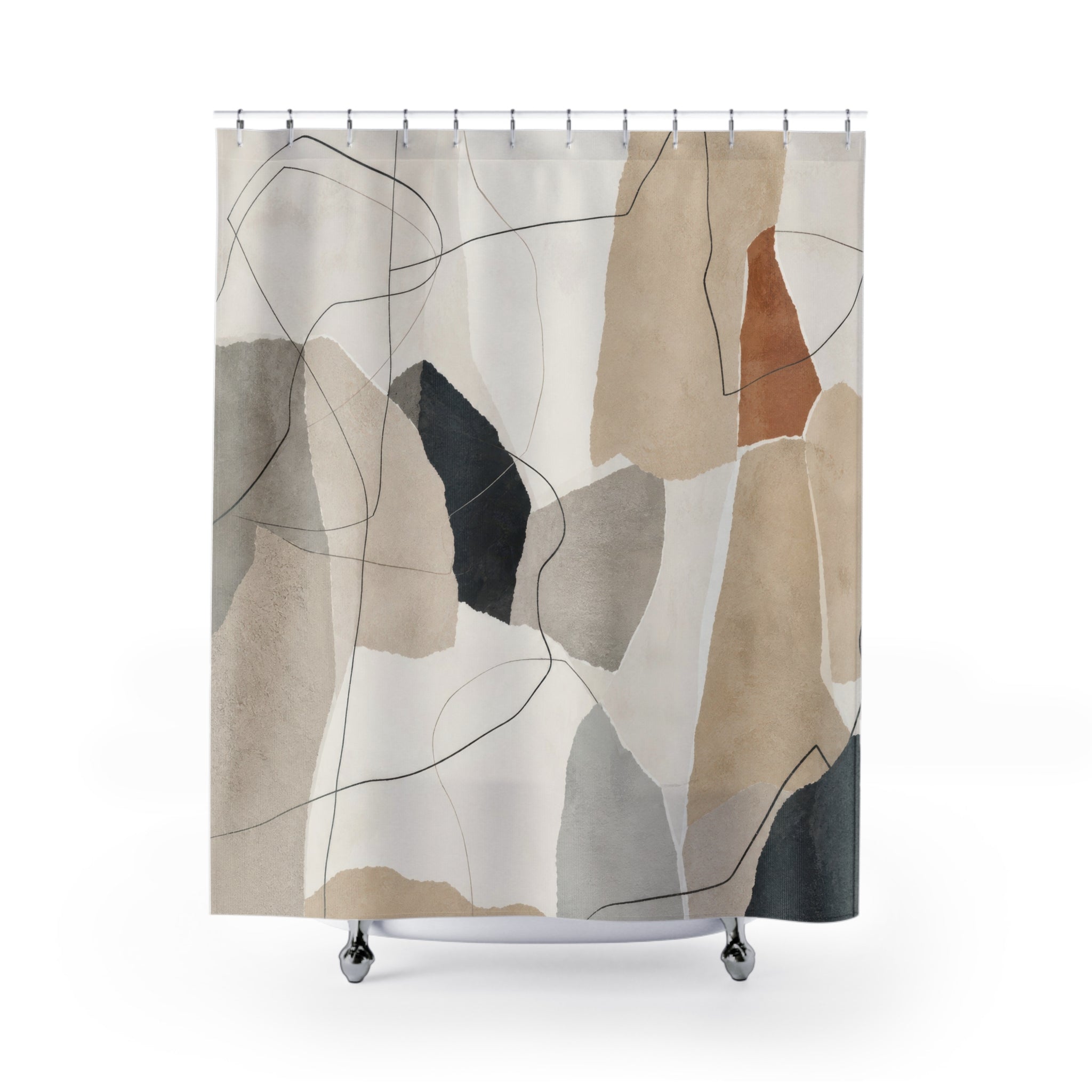 Black Beige Line Art Abstract Shower Curtain