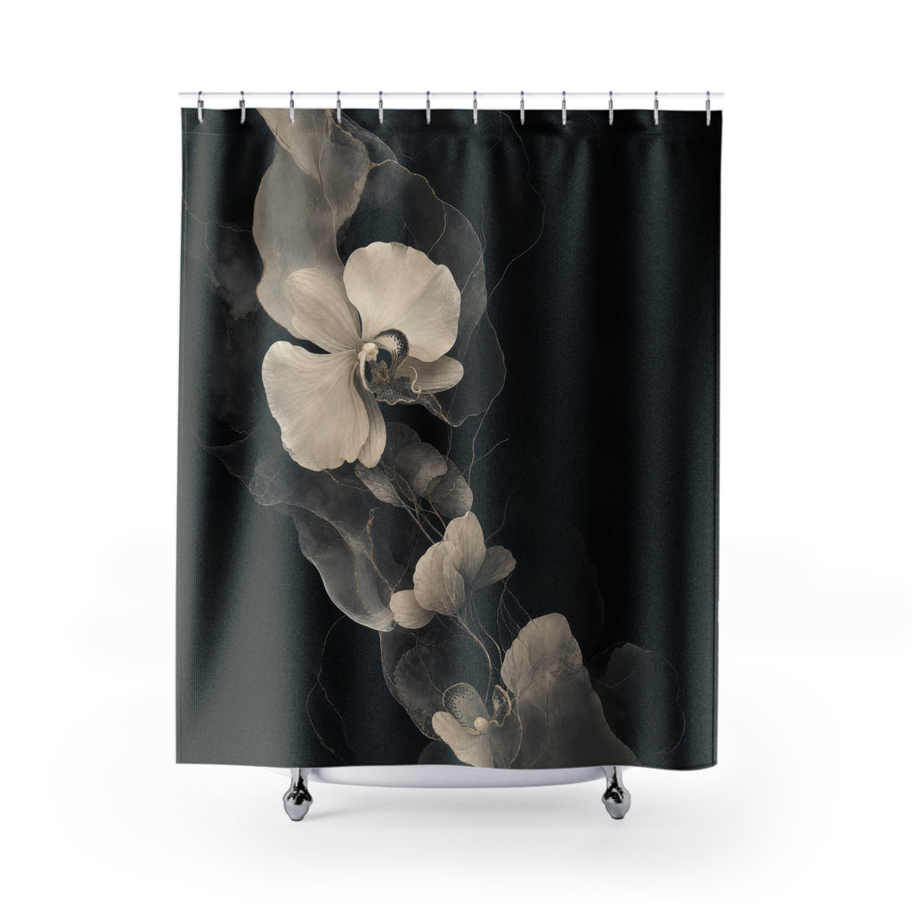 Black Floral Shower Curtain, White Orchid Bath Decor, Moody Gray Botanical Pattern, Dark Romantic Modern Guest Bathroom Decor Style