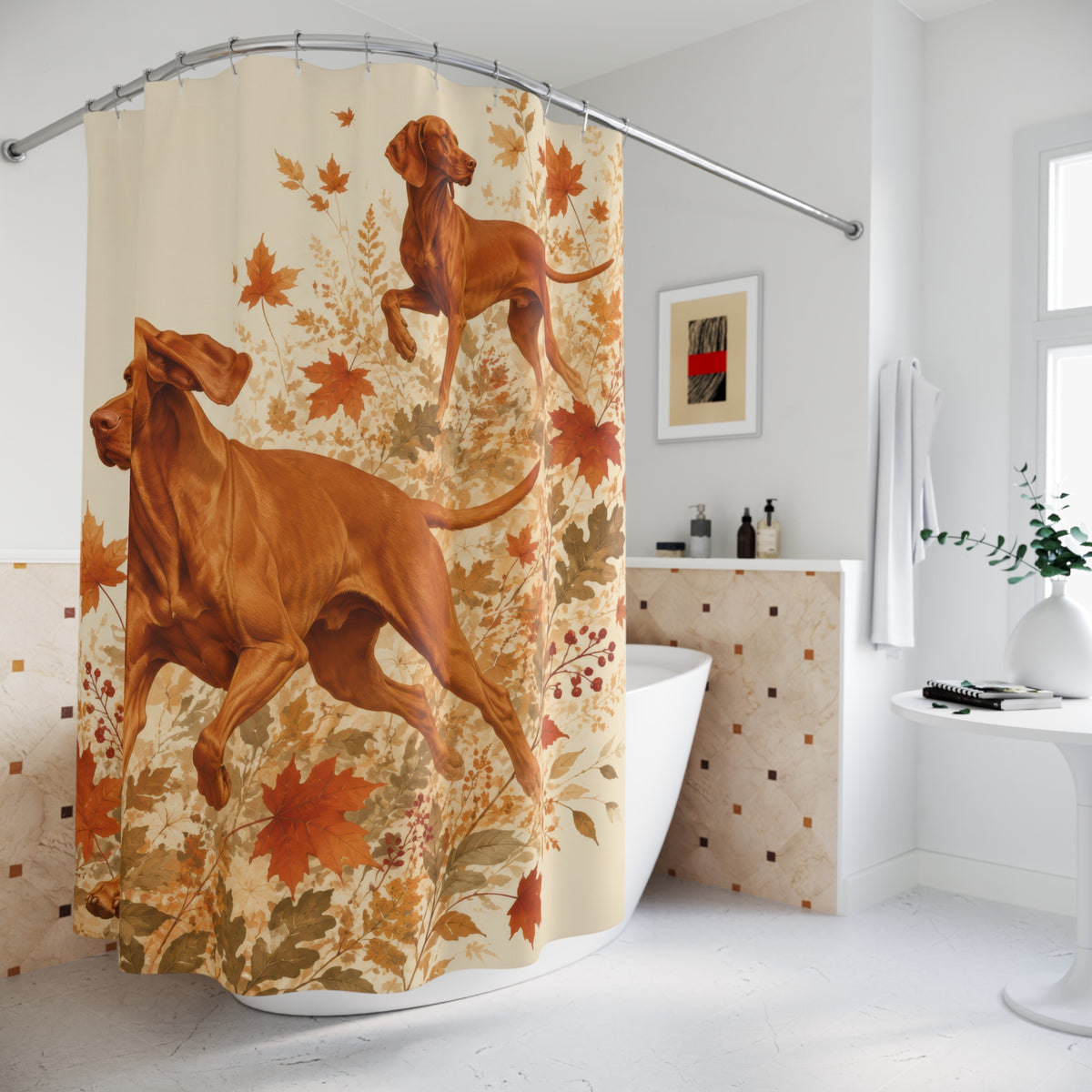 Autumn leaves Vizsla pair shower curtain beside a freestanding tub
