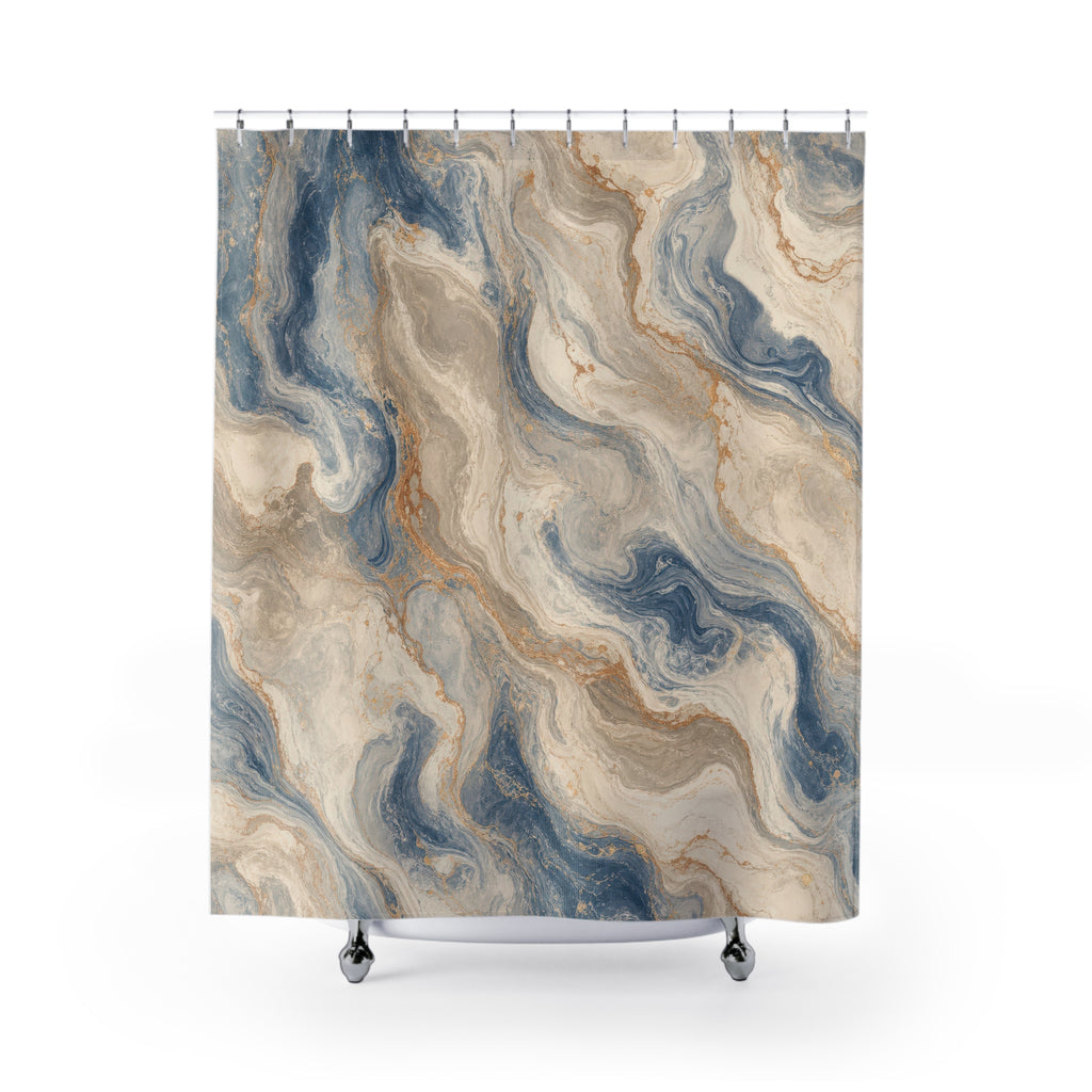 Blue Marble Shower Curtain, Cream Beige Stone Abstract Pattern, Spa Bathroom Decor, Serene Blue Spa Wall Decor Guest Bath Wall Gift
