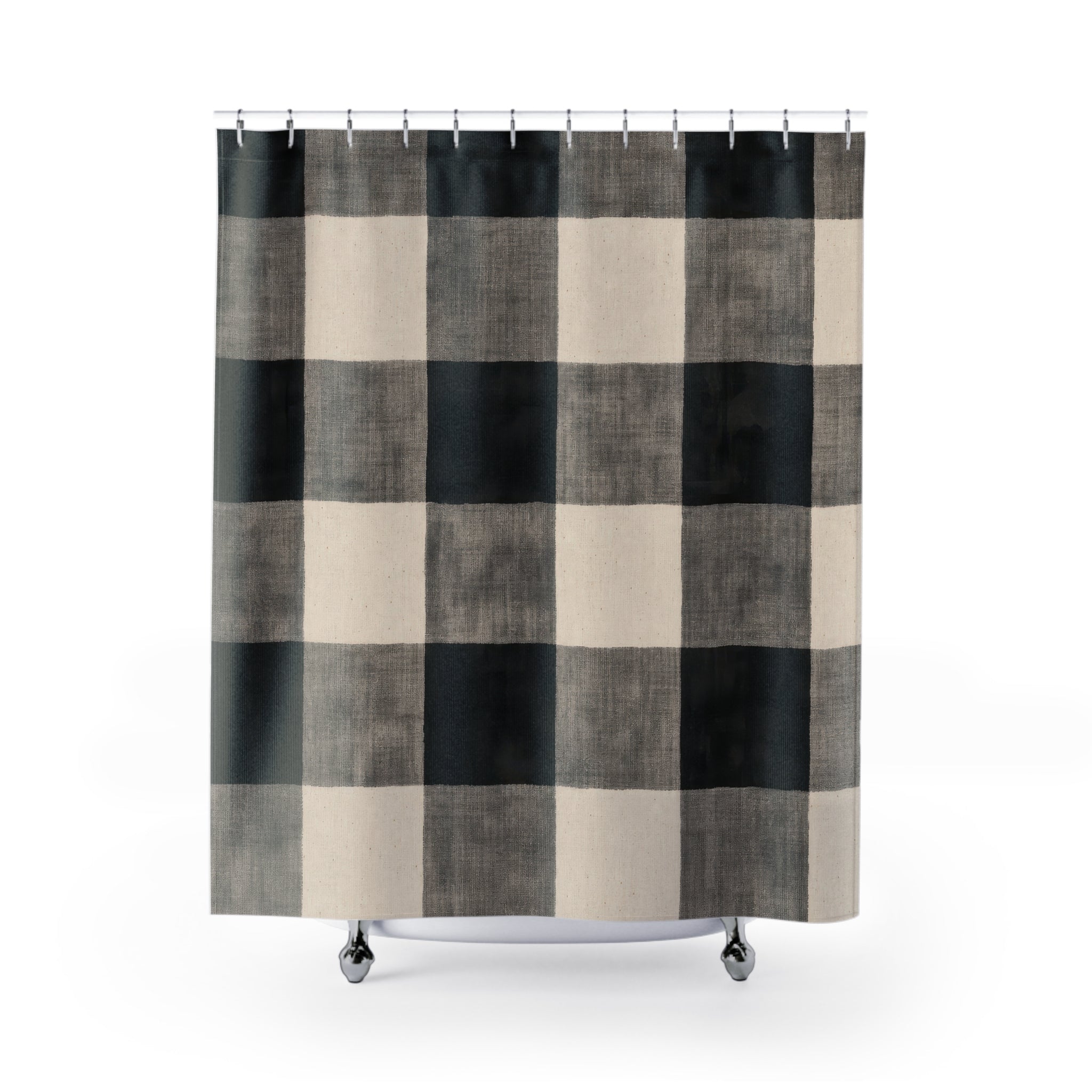 Buffalo Plaid Shower Curtain, Black White Farmhouse Bath Decor, Large Checkered Pattern, Classic Neutral Guest Bathroom Decor Style