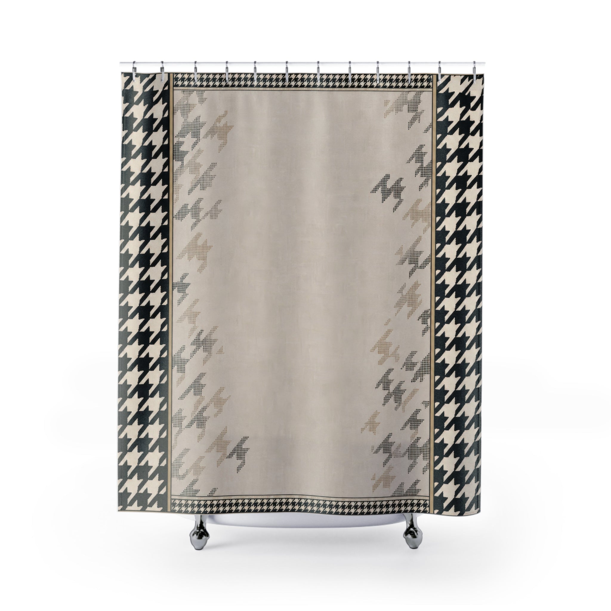 Houndstooth Border Shower Curtain, Black Ivory Check Bath Decor, Greige Center Frame Pattern, Modern Neutral Guest Bathroom Style Decor
