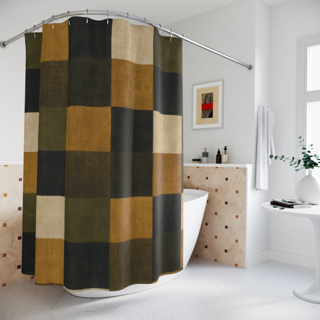 Green Plaid Shower Curtain, Brown Gold Farmhouse Bath Decor, Dark Olive Checkered Pattern, Rustic Earth Tone Guest Bathroom Decor Style