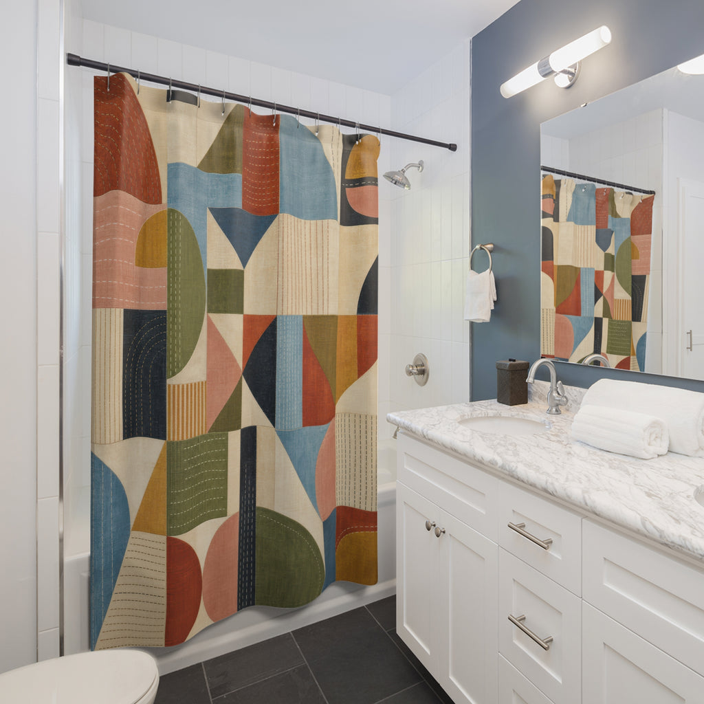 Unique Mid Century Shower Curtain, Modern Geometric Patchwork Art, Rust Teal Mustard Decor, Abstract Guest Bath, Retro Apartment Style