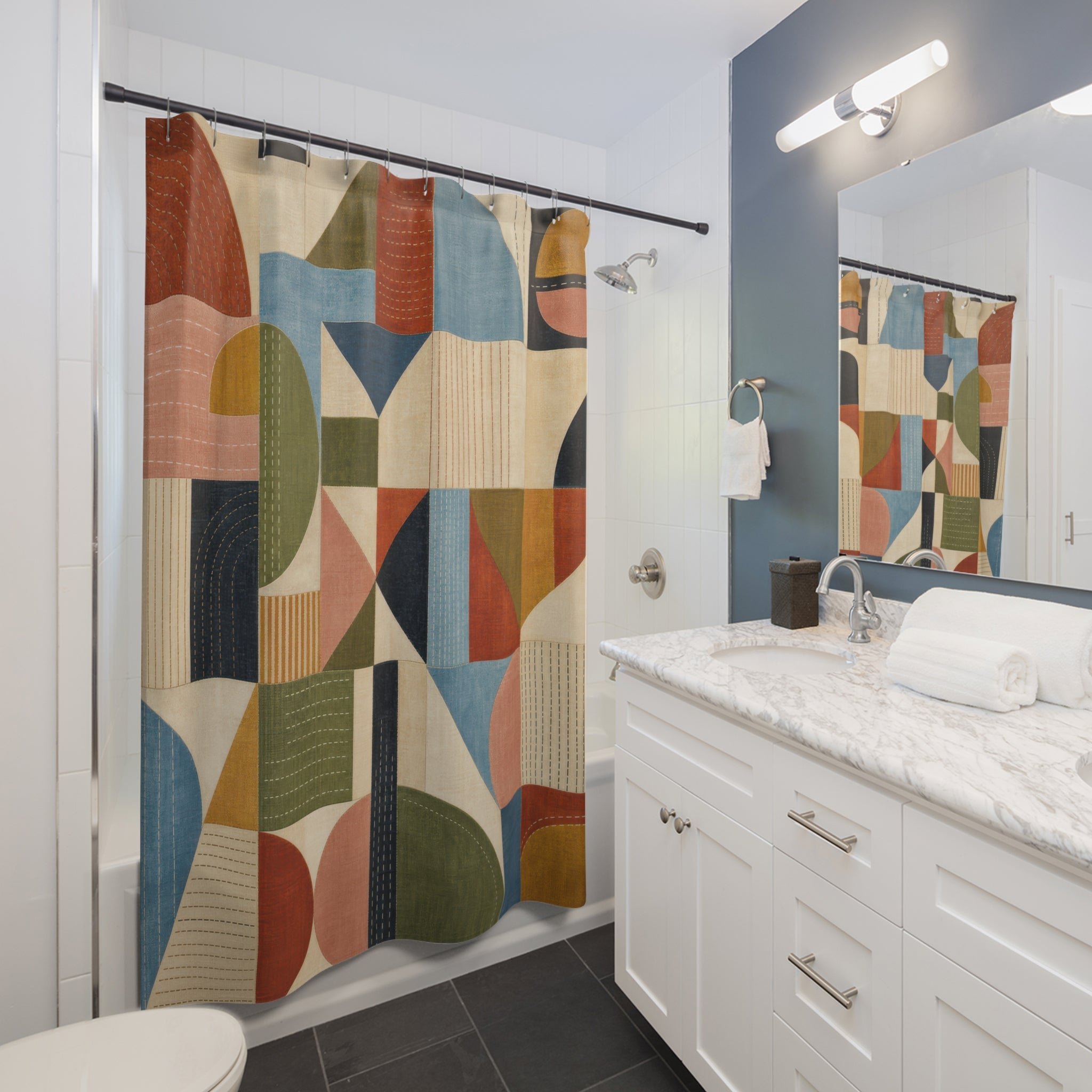 Unique Mid Century Shower Curtain, Modern Geometric Patchwork Art, Rust Teal Mustard Decor, Abstract Guest Bath, Retro Apartment Style