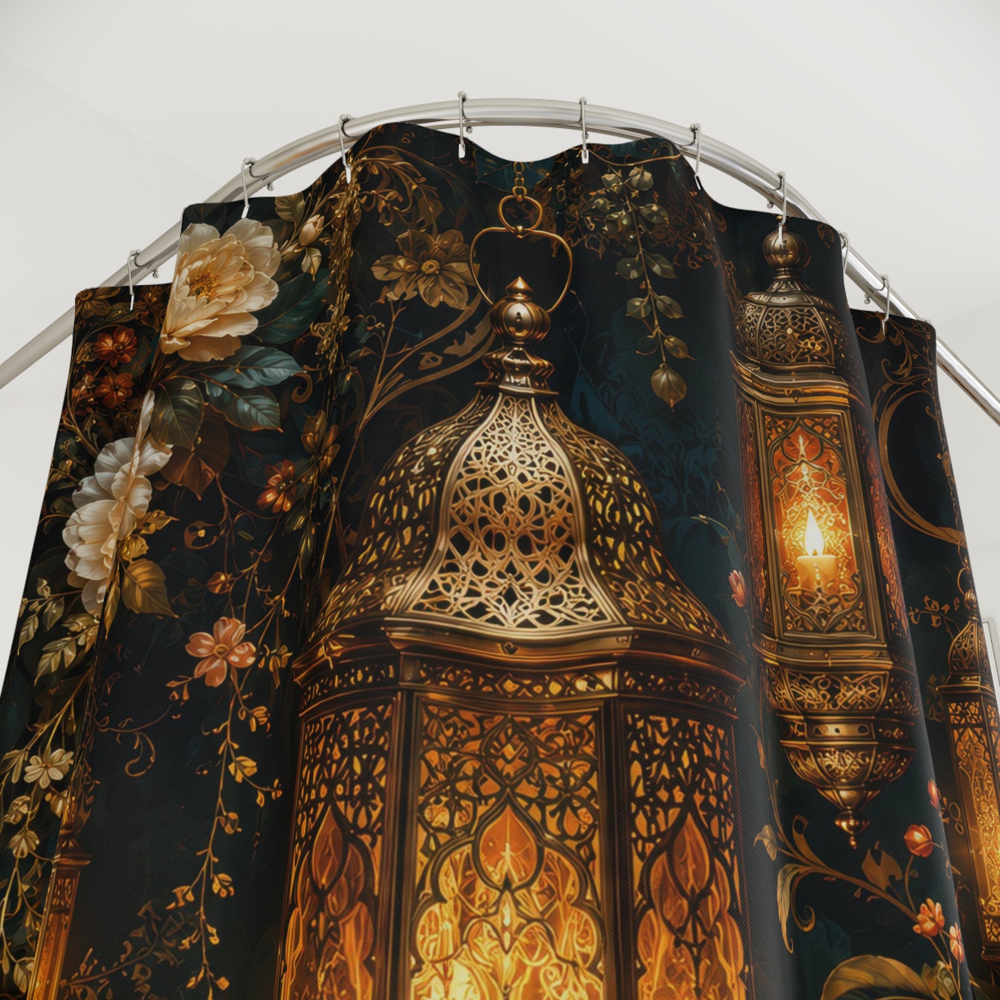 Lantern Shower Curtain: Gold Floral Dark Teal