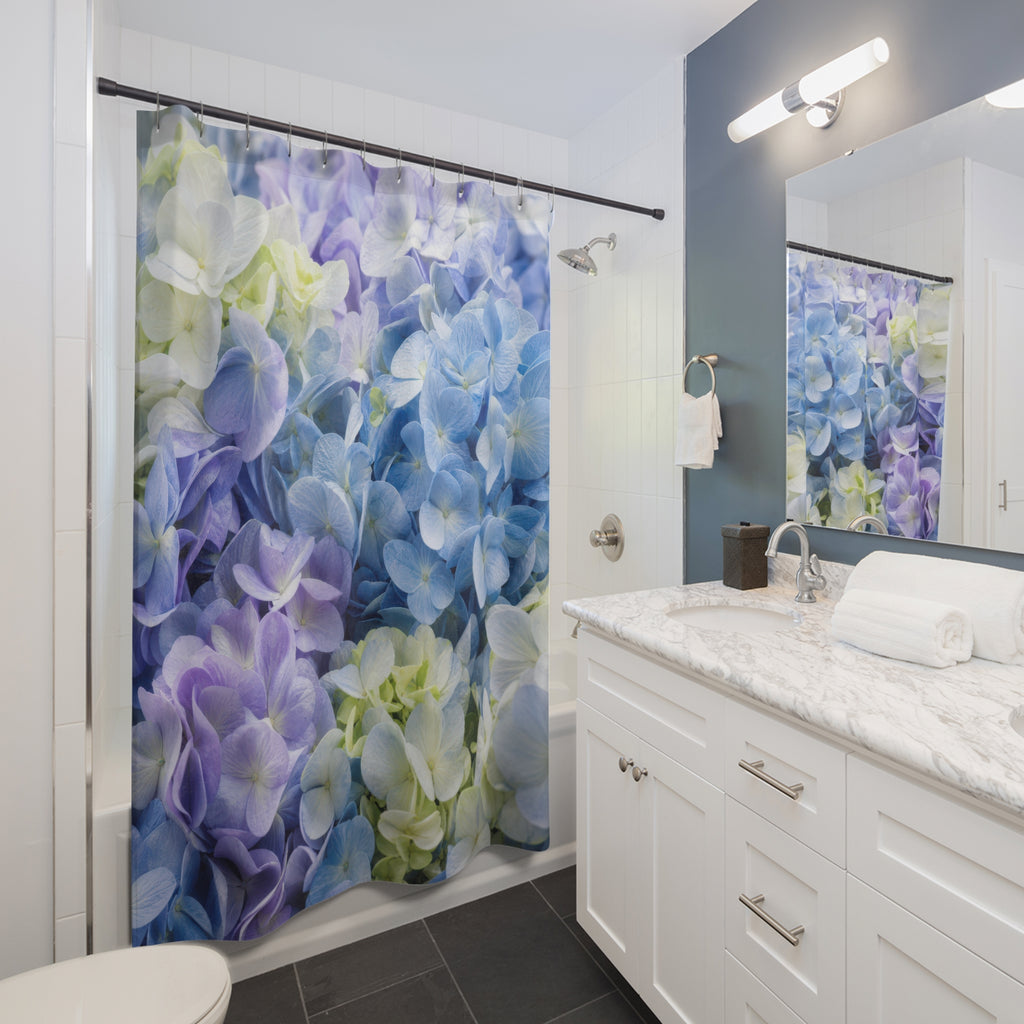 Blue Flower Shower Curtain, Hydrangea Floral Bath Decor, Soft Botanical Pattern, Garden Guest Bathroom Decor, Pastel Bloom Style Decor