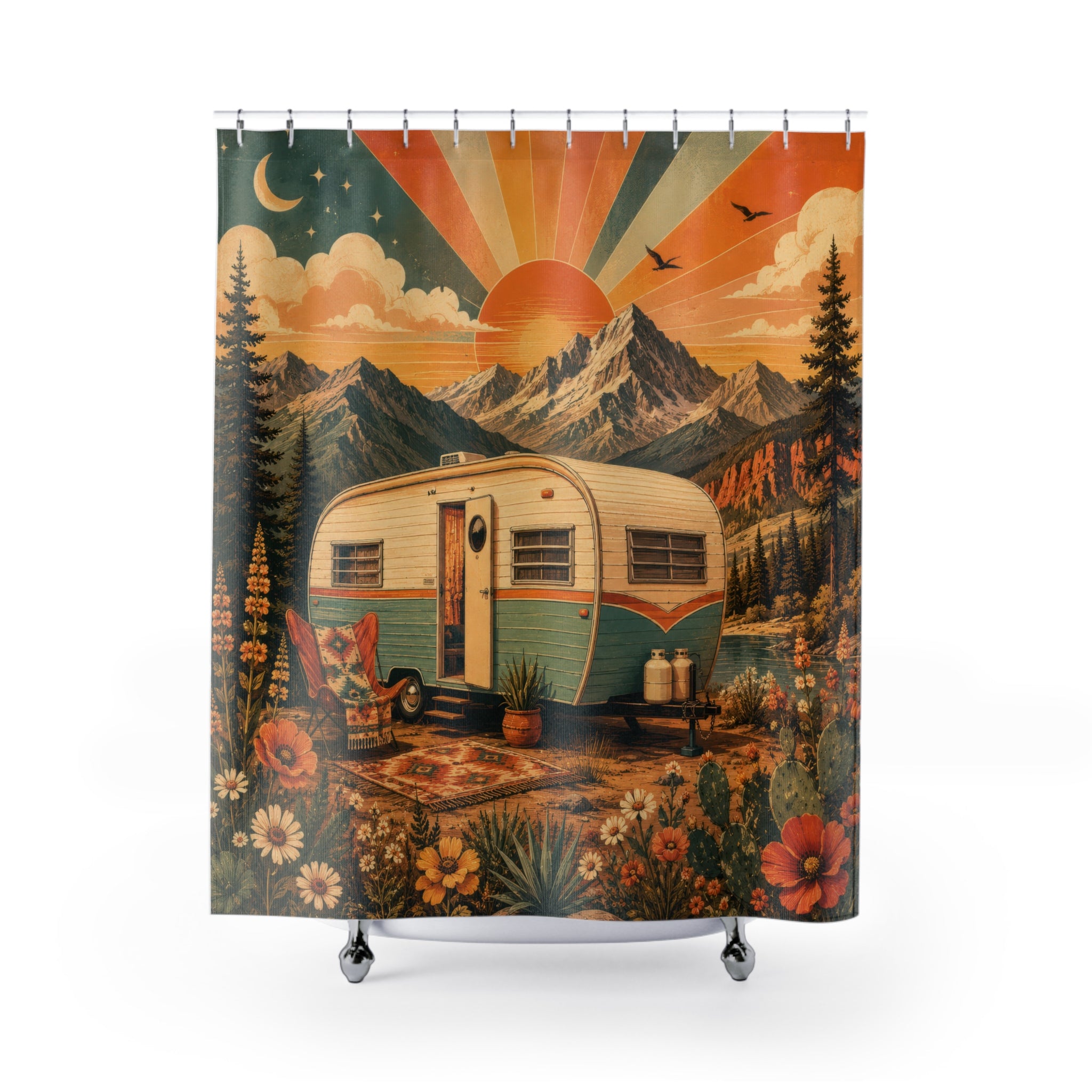Retro Camper Mountain Shower Curtain