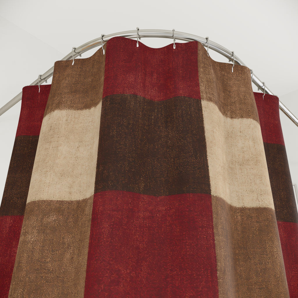Buffalo Plaid Shower Curtain, Red Brown Farmhouse Bath Decor, Cream Checkered Pattern, Warm Rustic Holiday Guest Bathroom Decor Style