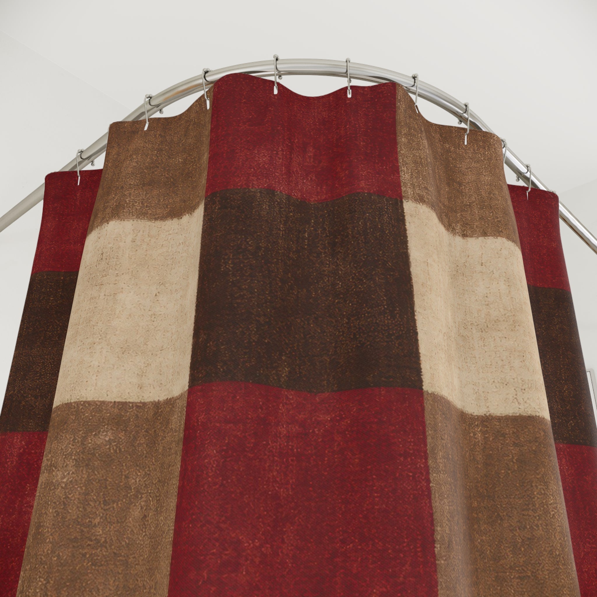 Buffalo Plaid Shower Curtain, Red Brown Farmhouse Bath Decor, Cream Checkered Pattern, Warm Rustic Holiday Guest Bathroom Decor Style