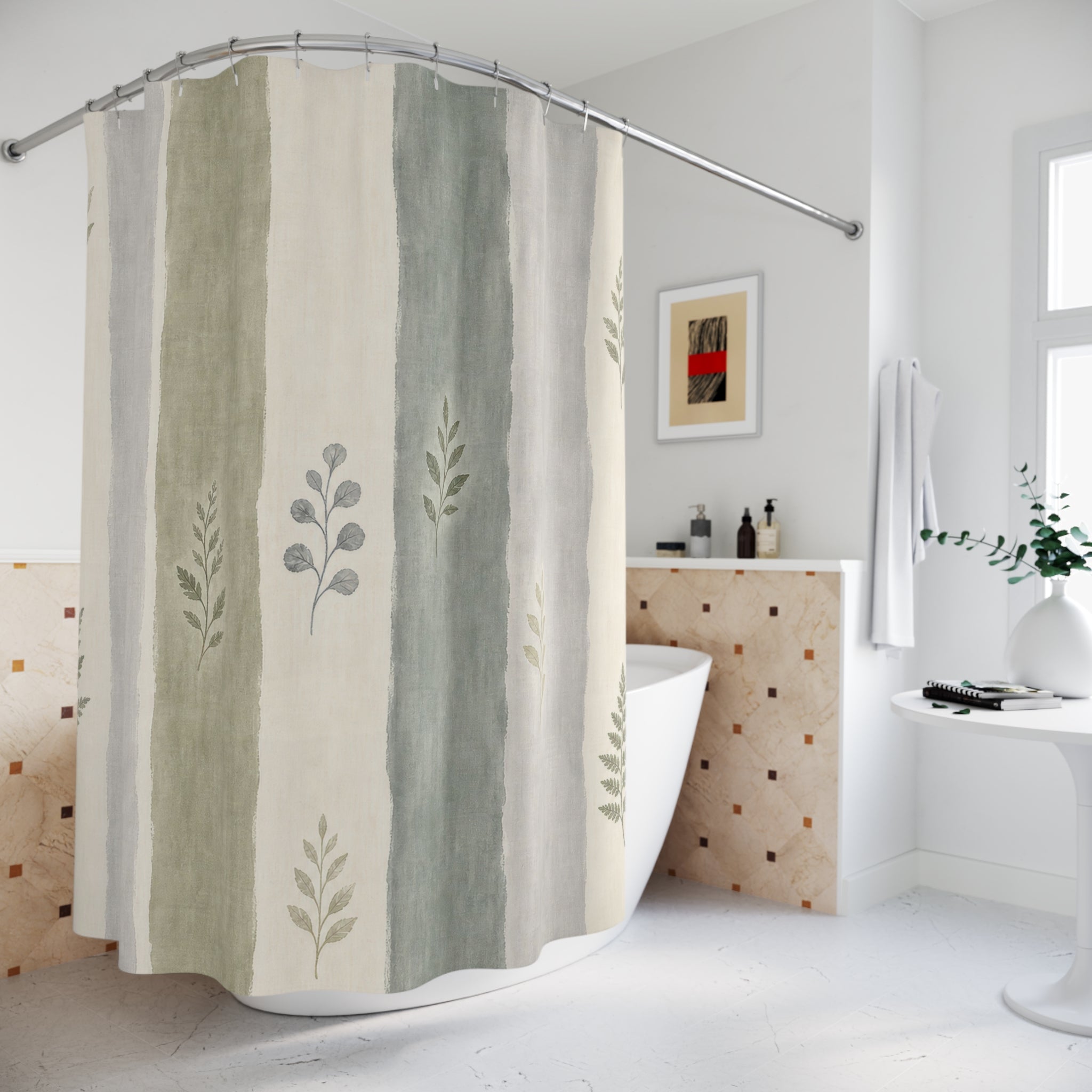 Sage Botanical Stripe Shower Curtain, Sage Green Classic Bathroom Decor, Botanical Stripe Bath Curtain, Guest Bath Decor, Home Decor