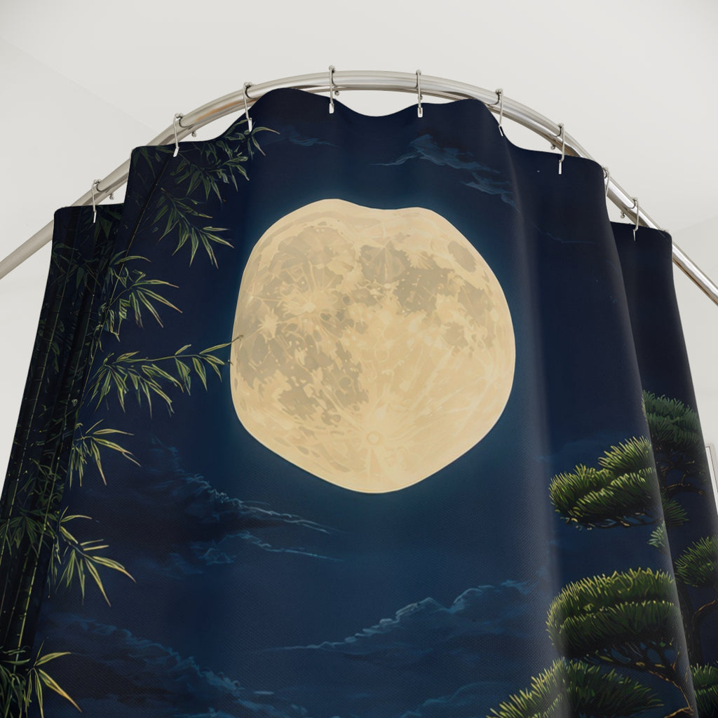 Vermilion bridge beneath a full moon in an indigo garden shower curtain with close-up print, hooks, and folds