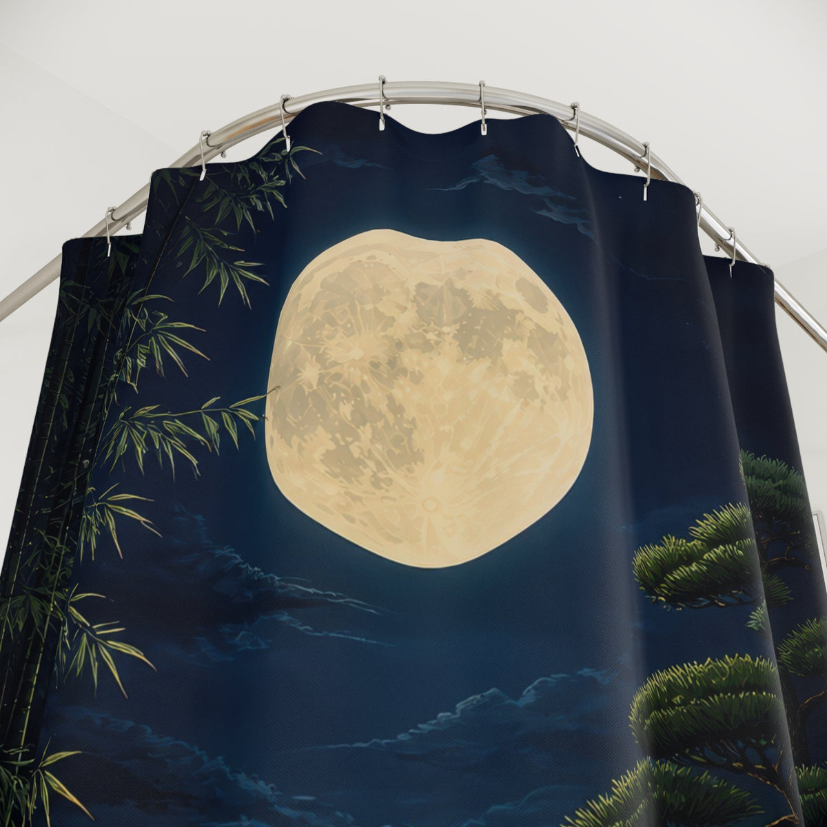Vermilion bridge beneath a full moon in an indigo garden shower curtain with close-up print, hooks, and folds