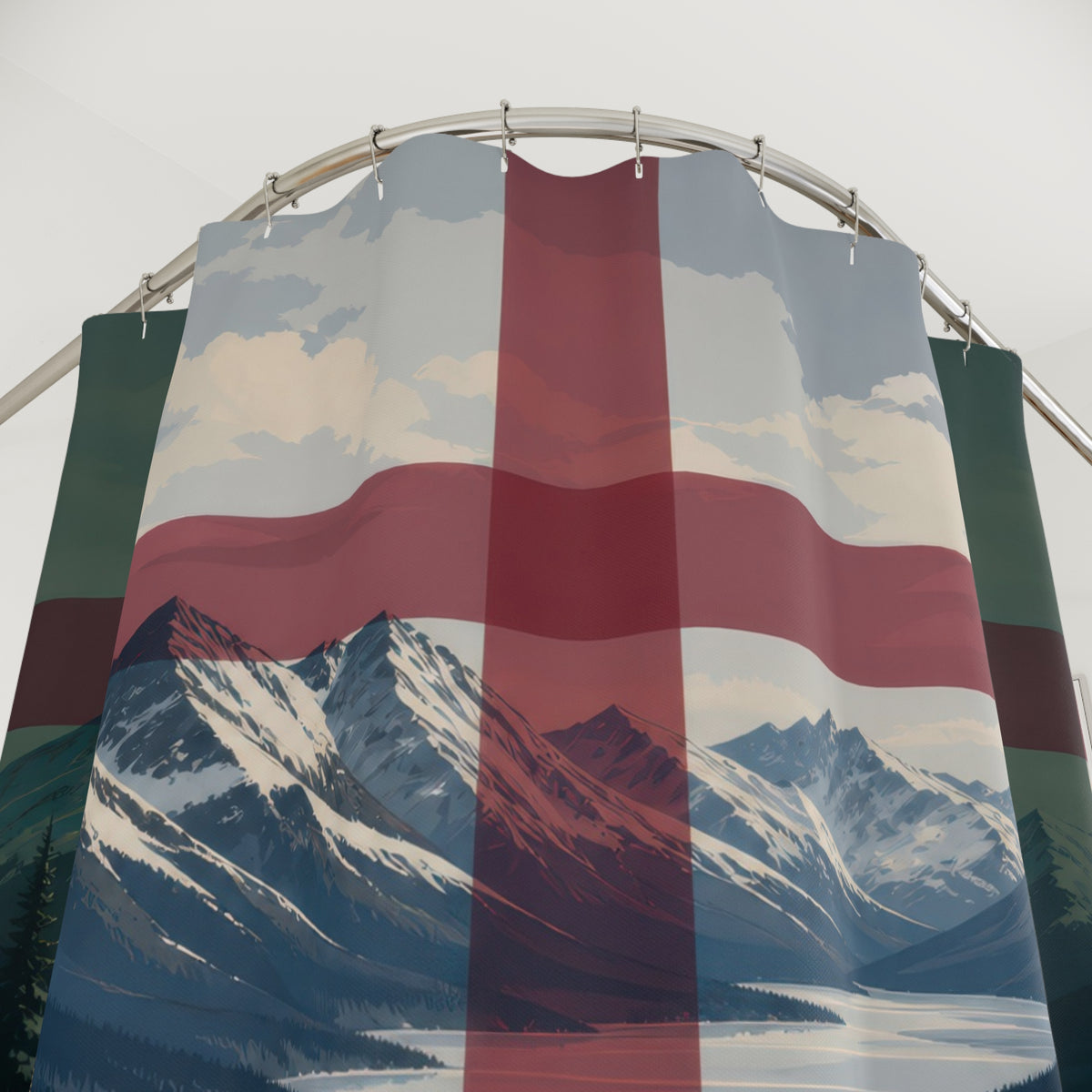 Navy cranberry plaid over a snowy mountain lake shower curtain with close-up print, hooks, and folds