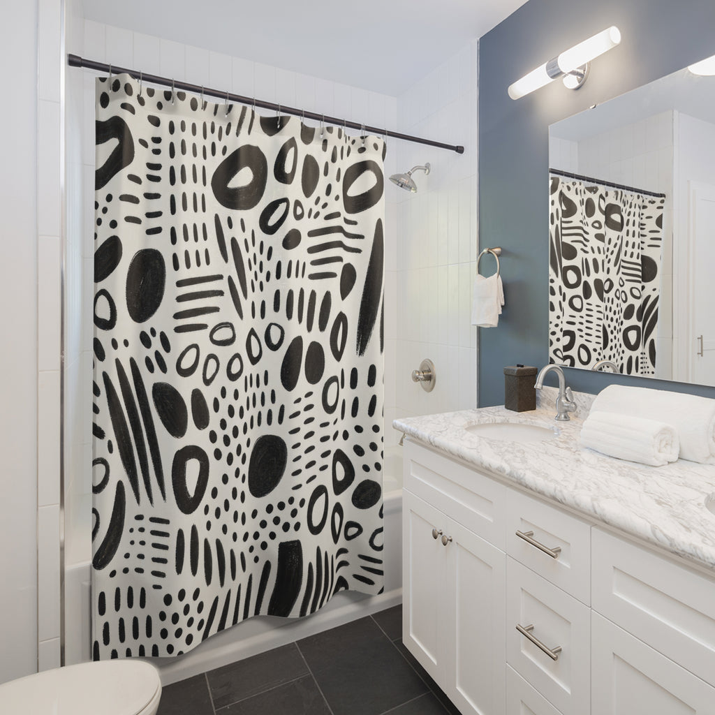 Black White Shower Curtain, Abstract Dot Stripe Mark Pattern, Modern Graphic Bathroom Decor, Black White Wall Decor Guest Bath Wall Gift