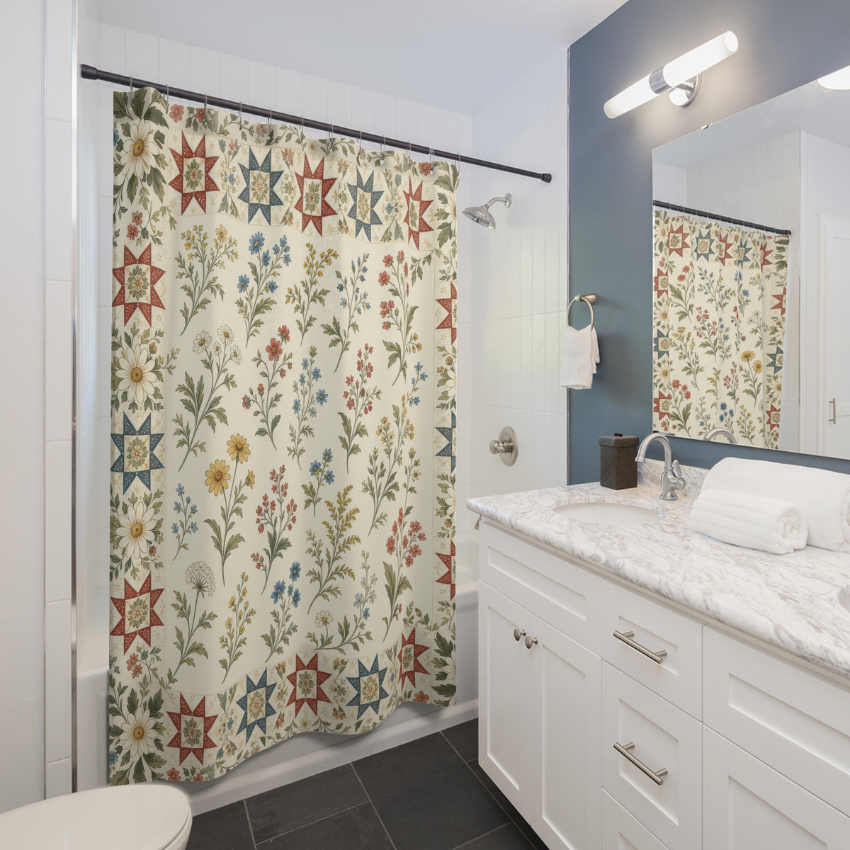 Patchwork Quilt Border vintage floral shower curtain beside a white vanity