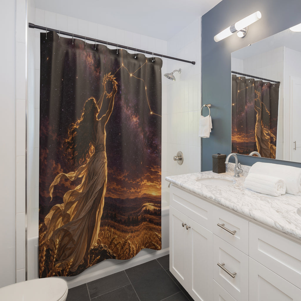 Virgo maiden raising a wheat wreath at sunset shower curtain beside a white vanity