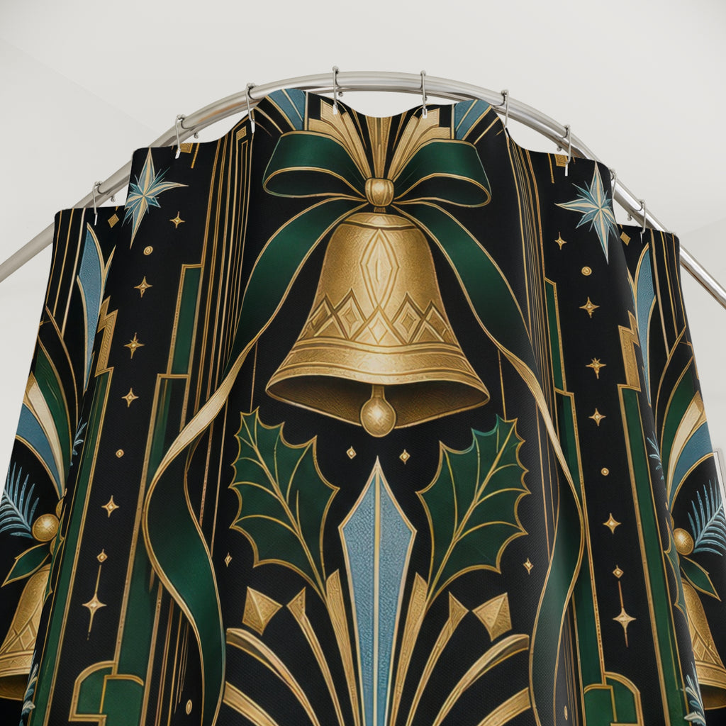 Art Deco Christmas Shower Curtain, Emerald Gold Bell Holiday Pattern, Black Icy Blue Winter Bathroom Decor, Glamorous Guest Bath