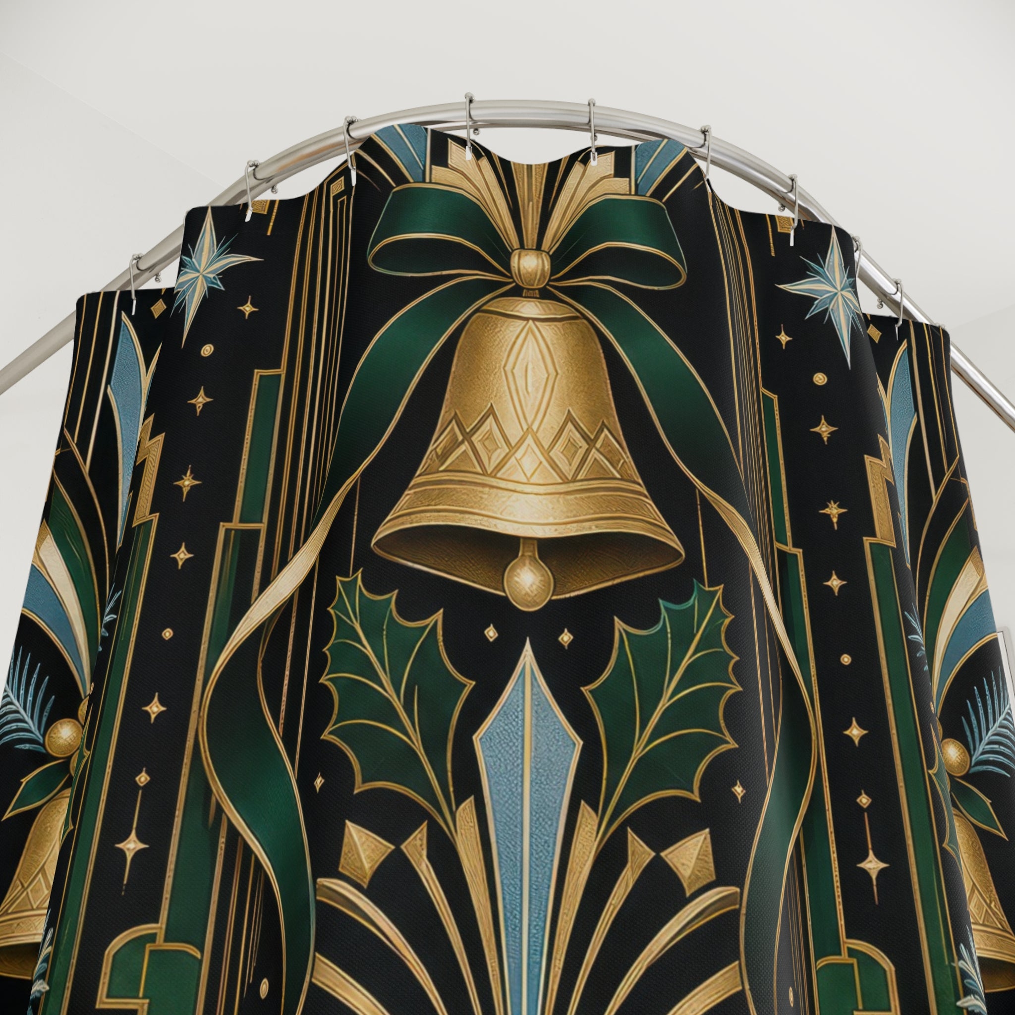 Art Deco Christmas Shower Curtain, Emerald Gold Bell Holiday Pattern, Black Icy Blue Winter Bathroom Decor, Glamorous Guest Bath