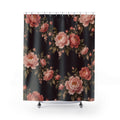 Blush and coral peony garlands on deep plum shower curtain with full front view