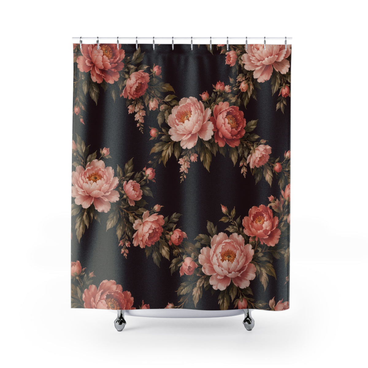 Blush and coral peony garlands on deep plum shower curtain with full front view